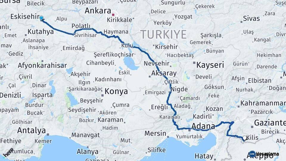 Eskişehir Kilis Arası Kaç Km - Yol Haritası