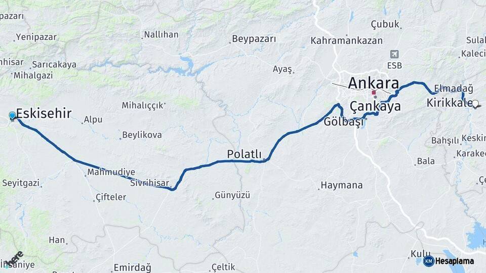 Eskişehir Kırıkkale Arası Kaç Km - Yol Haritası