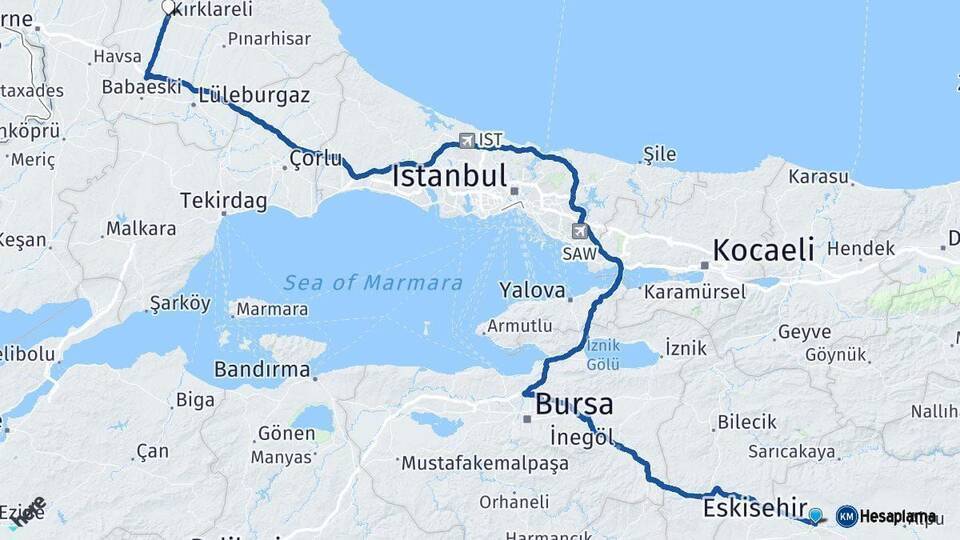 Eskişehir Kırklareli Arası Kaç Km - Yol Tarifi