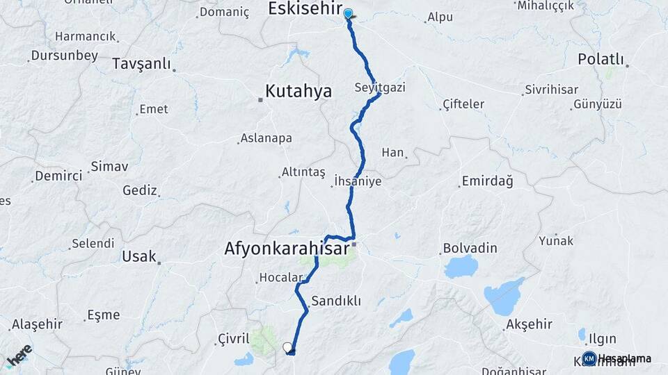 Eskişehir Kızılören Afyonkarahisar Arası Kaç Km - Yol Haritası