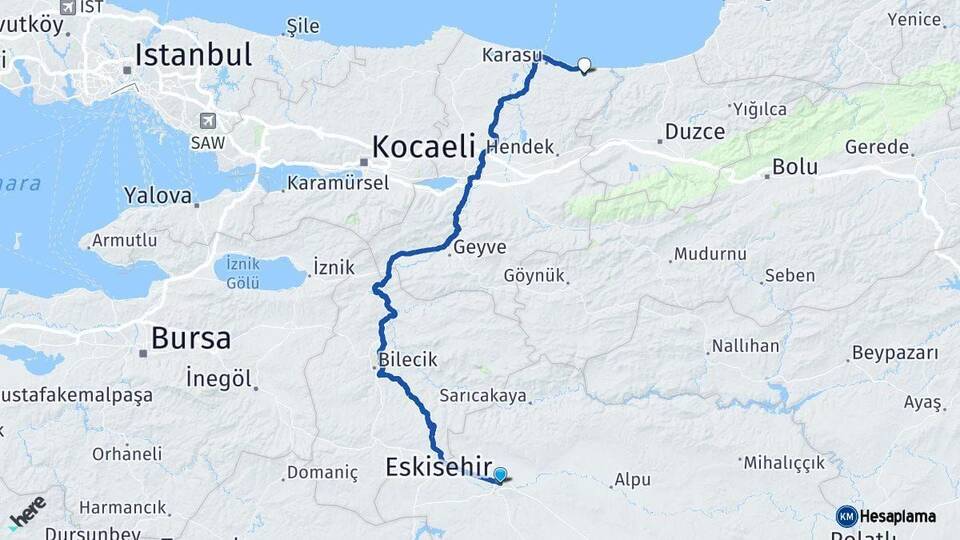 Eskişehir Kocaali Sakarya Arası Kaç Km - Yol Haritası