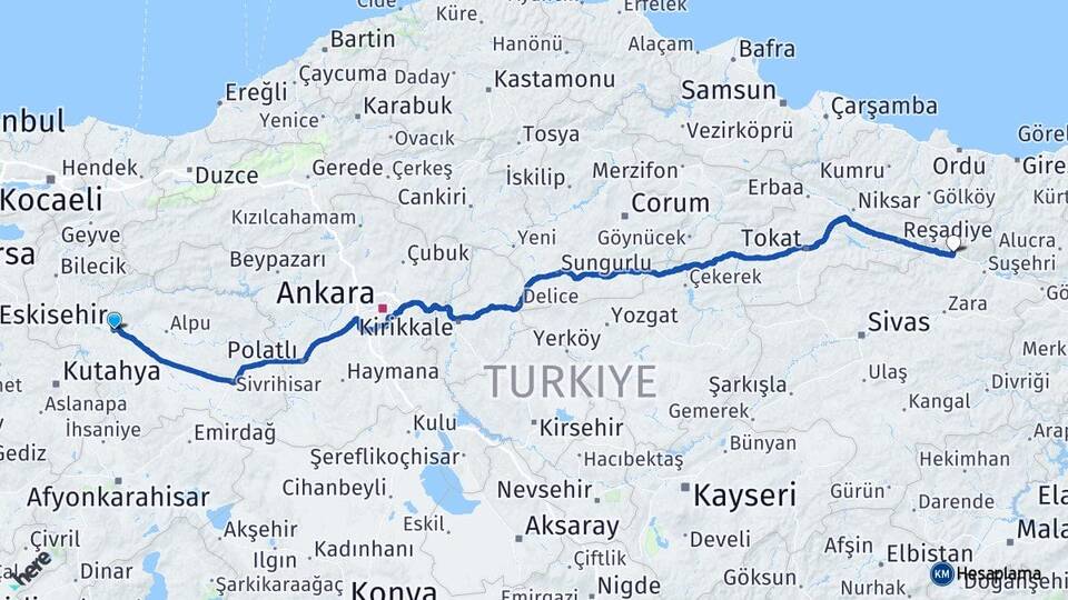 Eskişehir Koyulhisar Sivas Arası Kaç Km - Yol Haritası