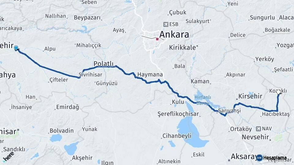 Eskişehir Kozaklı Nevşehir Arası Kaç Km - Yol Haritası