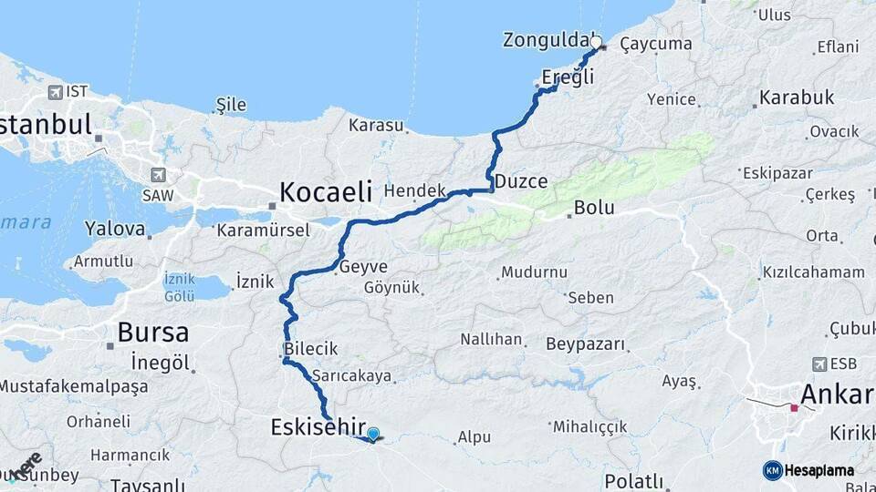 Eskişehir Kozlu Zonguldak Arası Kaç Km - Yol Haritası