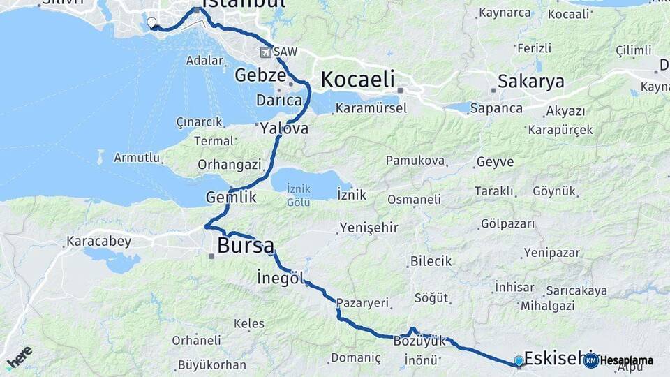Eskişehir Küçükçekmece İstanbul Arası Kaç Km - Yol Haritası