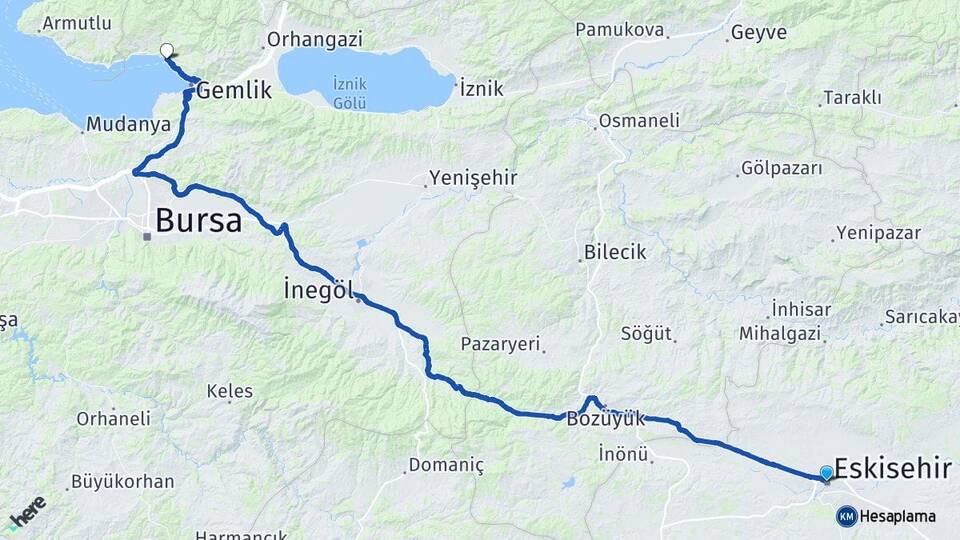 Eskişehir Kumla Gemlik Bursa Arası Kaç Km - Yol Haritası