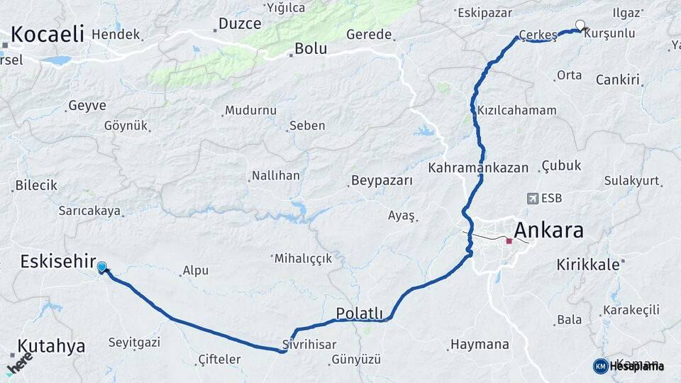 Eskişehir Kurşunlu Çankırı Arası Kaç Km - Yol Haritası