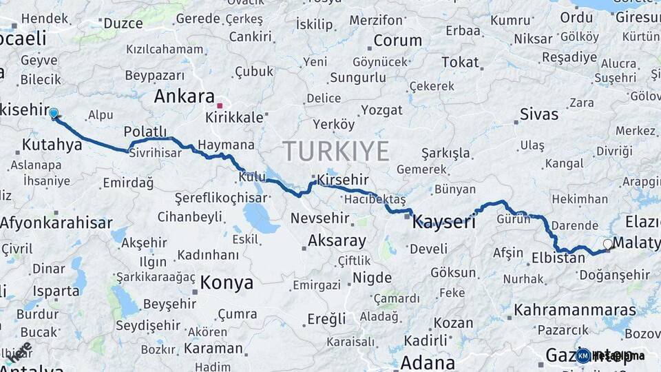 Eskişehir Malatya Arası Kaç Km - Yol Haritası