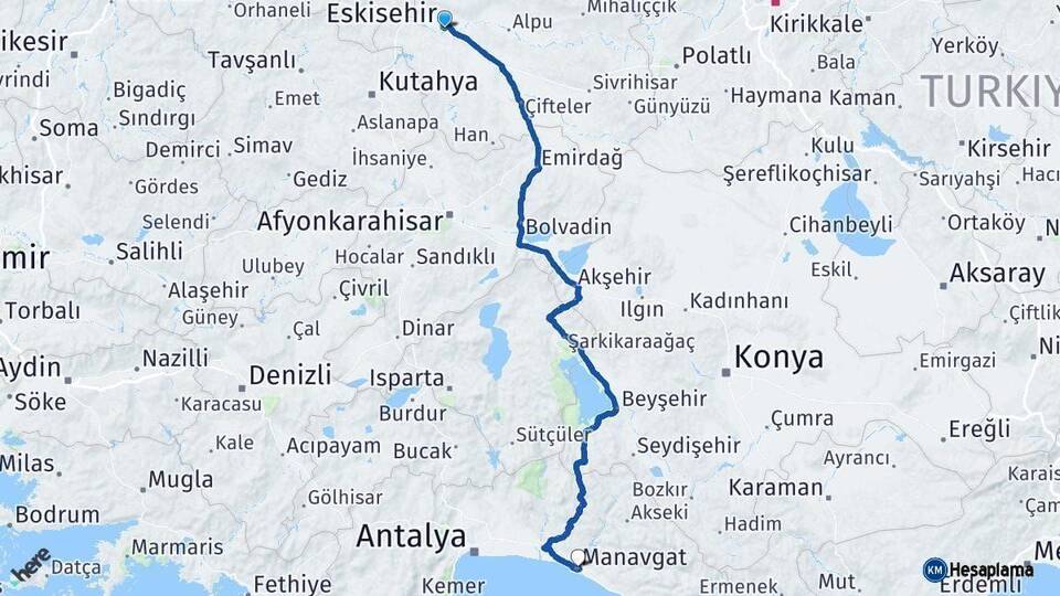 Eskişehir Manavgat Antalya Arası Kaç Km - Yol Haritası