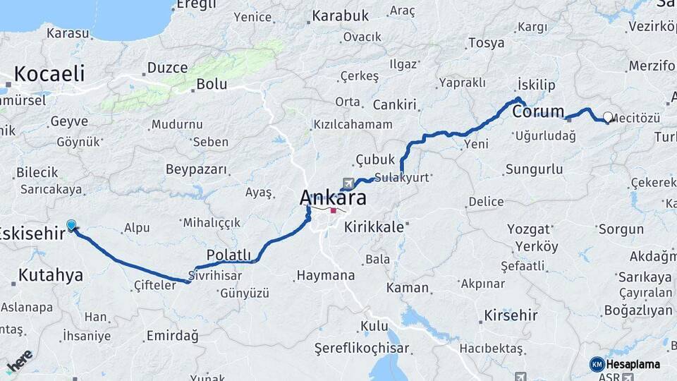 Eskişehir Mecitözü Çorum Arası Kaç Km - Yol Haritası