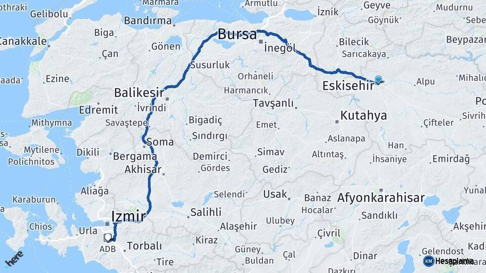 Eskişehir Menderes İzmir Arası Kaç Km - Yol Haritası