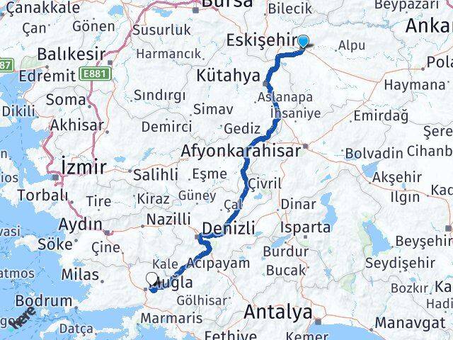 Eskişehir Menteşe Muğla Arası Kaç Km - Yol Haritası