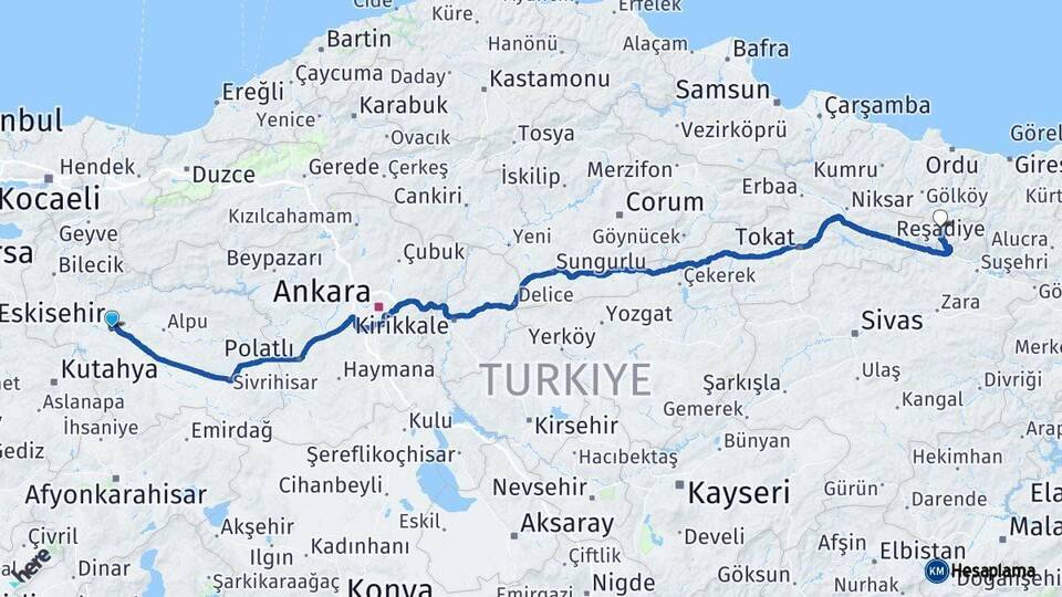 Eskişehir Mesudiye Ordu Arası Kaç Km - Yol Haritası