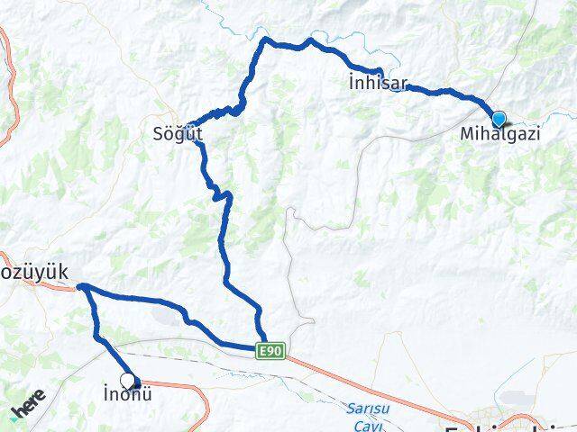 Eskişehir Mihalgazi İnönü Arası Kaç Km - Yol Haritası