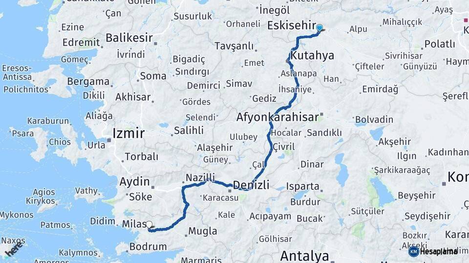 Eskişehir Milas Muğla Arası Kaç Km - Yol Haritası