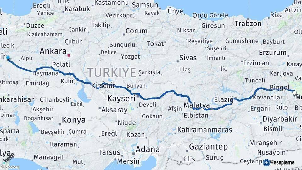 Eskişehir Muş Arası Kaç Km - Yol Haritası