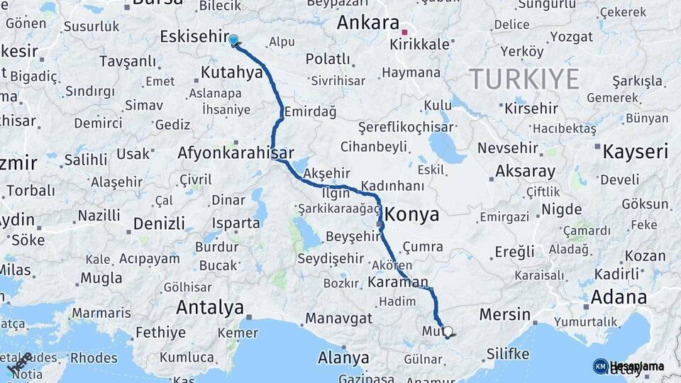 Eskişehir Mut Mersin Arası Kaç Km - Yol Haritası