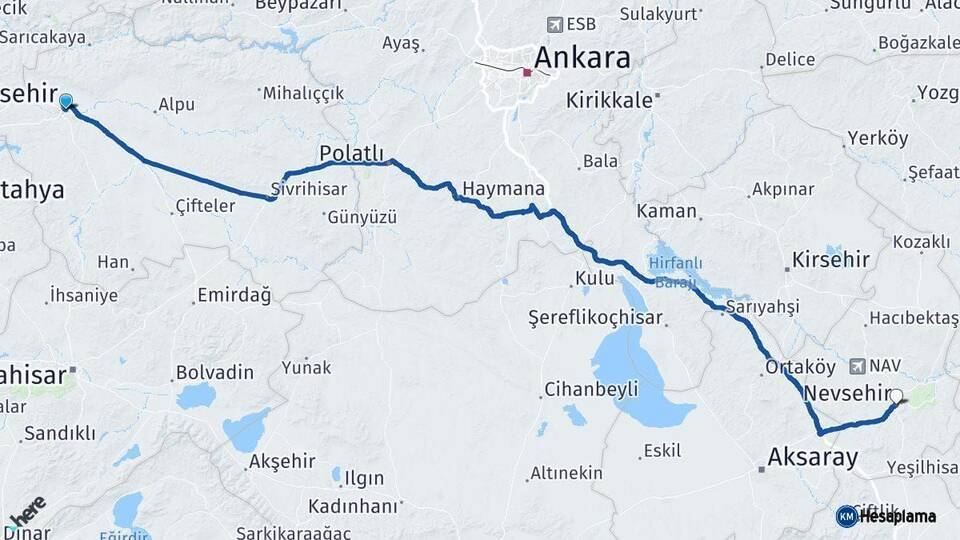 Eskişehir Nevşehir Arası Kaç Km - Yol Haritası