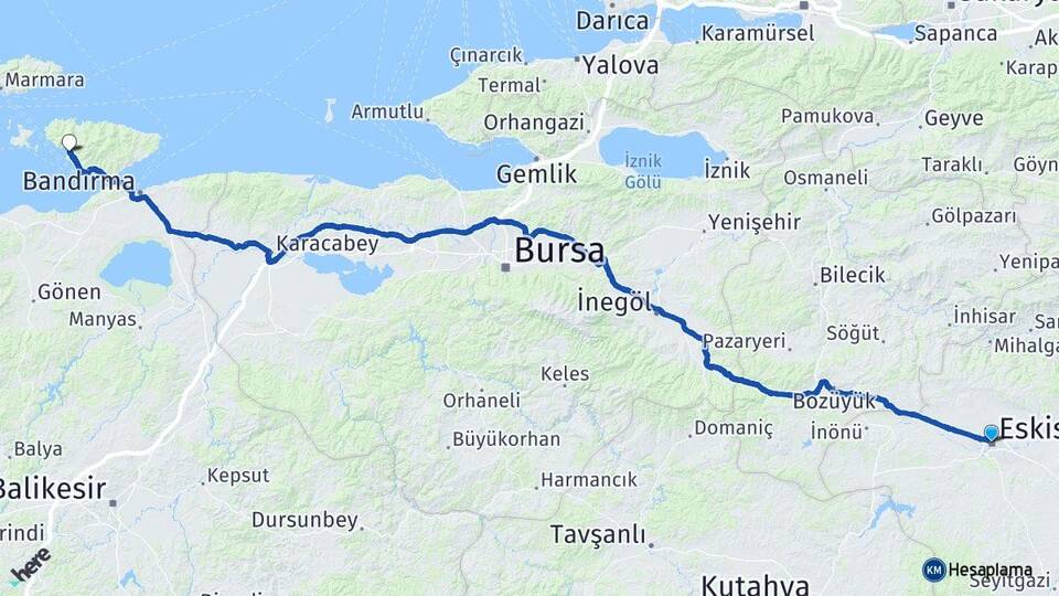Eskişehir Ocaklar Erdek Balıkesir Arası Kaç Km - Yol Haritası