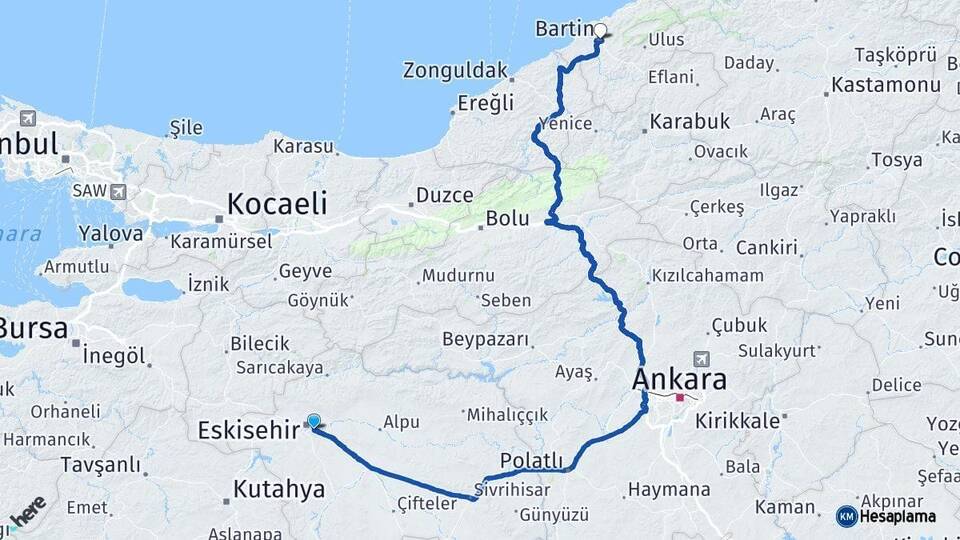 Eskişehir Odunpazarı Bartın Arası Kaç Km - Yol Haritası