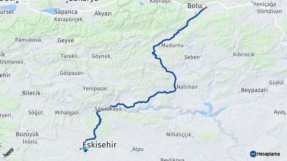 Eskişehir Odunpazarı Bolu Arası Kaç Km - Yol Haritası