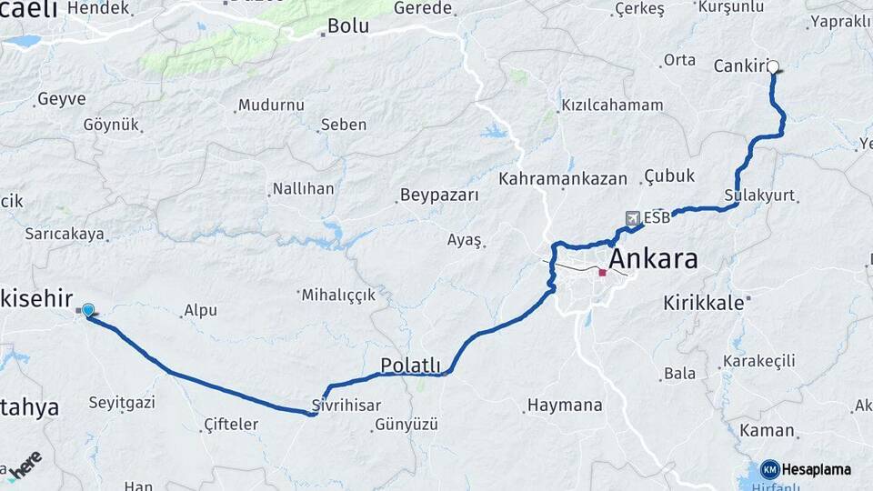Eskişehir Odunpazarı Çankırı Arası Kaç Km - Yol Haritası