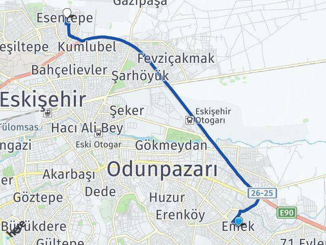 Eskişehir Odunpazarı Emek Esentepe Tepebaşı Arası Kaç Km - Yol Haritası