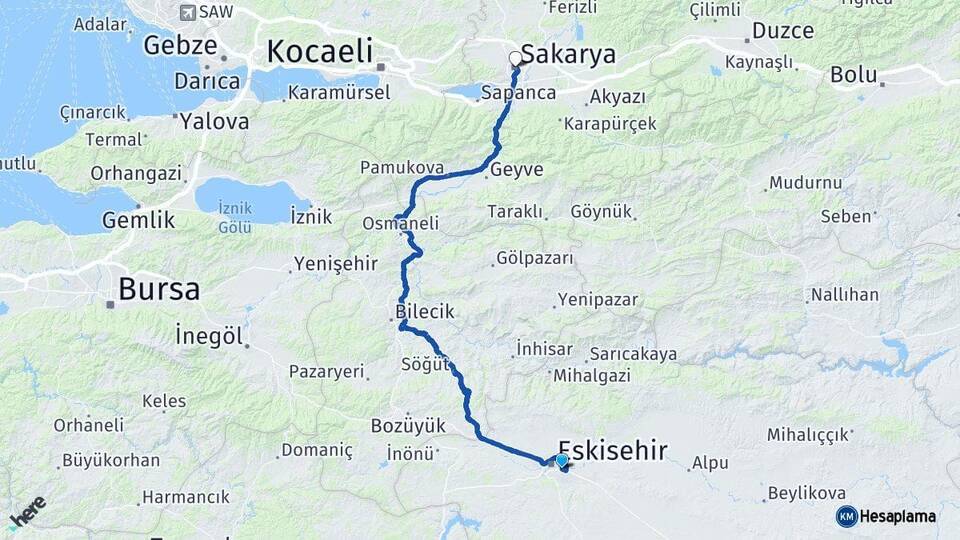 Eskişehir Odunpazarı Sakarya Arası Kaç Km - Yol Haritası