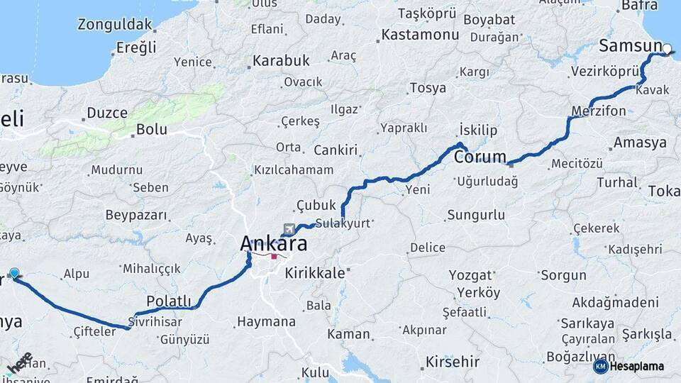 Eskişehir Odunpazarı Samsun Arası Kaç Km - Yol Haritası