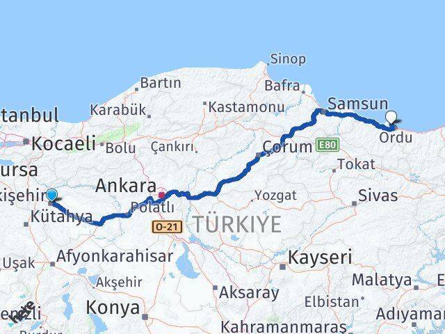 Eskişehir Perşembe Ordu Arası Kaç Km - Yol Haritası