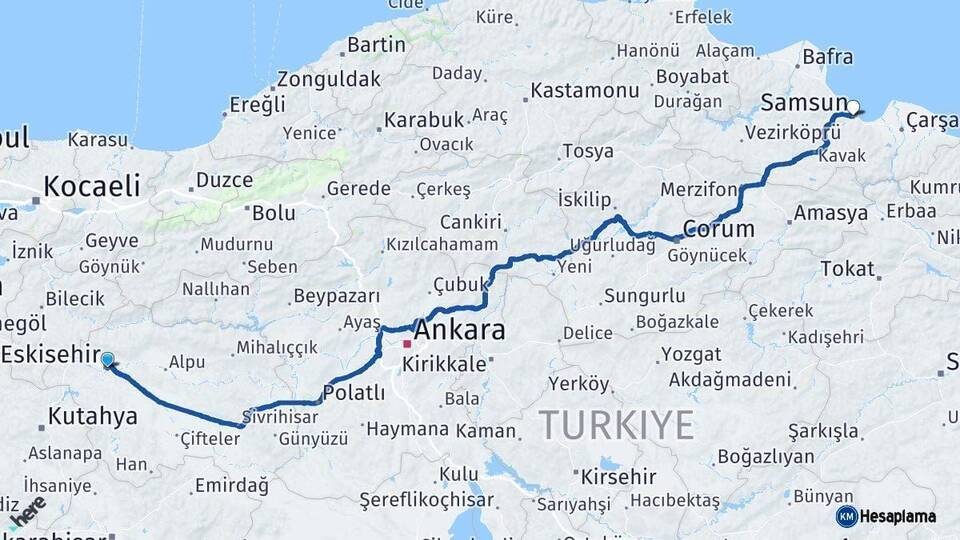 Eskişehir Samsun Arası Kaç Km - Yol Haritası