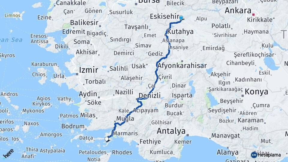 Eskişehir Selimiye Marmaris Muğla Arası Kaç Km - Yol Haritası