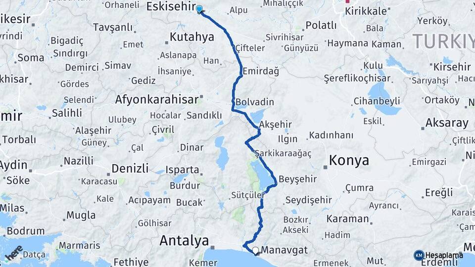 Eskişehir Side Manavgat Antalya Arası Kaç Km - Yol Haritası