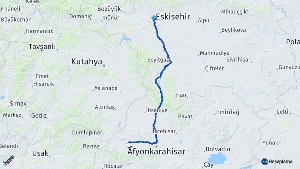 Eskişehir Sinanpaşa Afyonkarahisar Arası Kaç Km - Yol Haritası