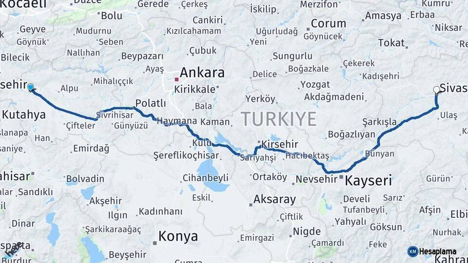 Eskişehir Sivas Arası Kaç Km - Yol Haritası