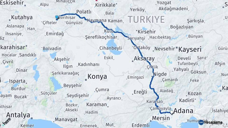 Eskişehir Sivrihisar Adana Arası Kaç Km - Yol Haritası