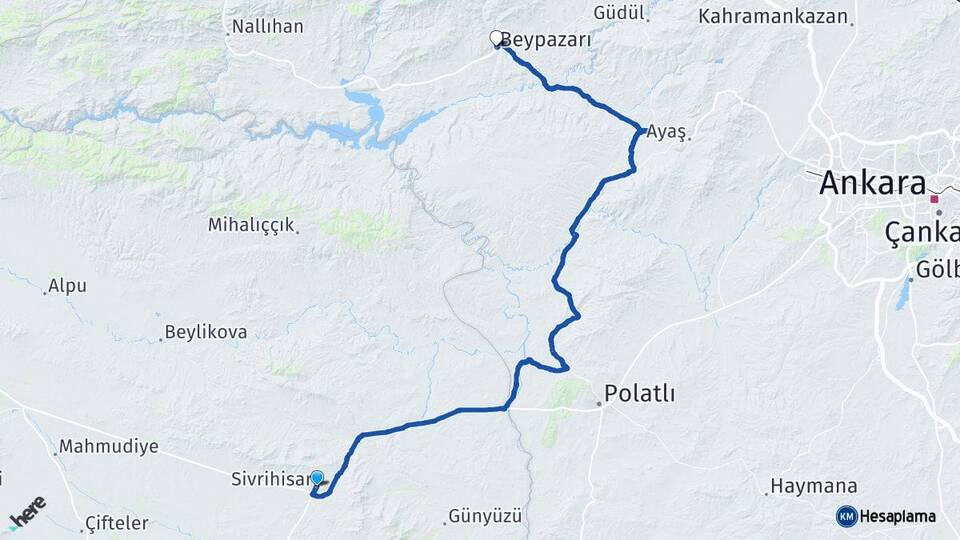 Eskişehir Sivrihisar Beypazarı Ankara Arası Kaç Km - Yol Haritası