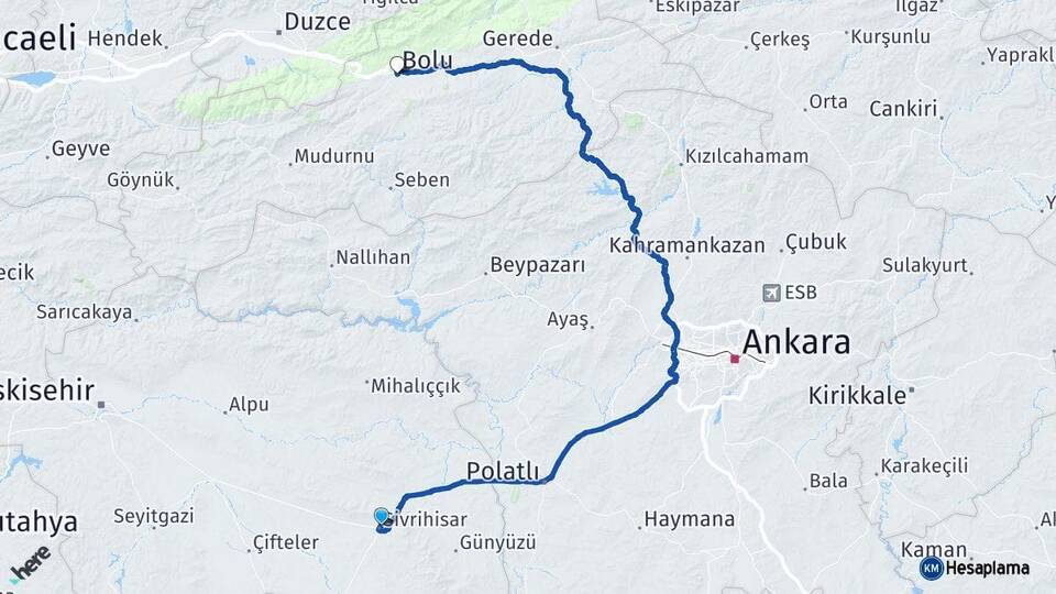 Eskişehir Sivrihisar Bolu Arası Kaç Km - Yol Haritası