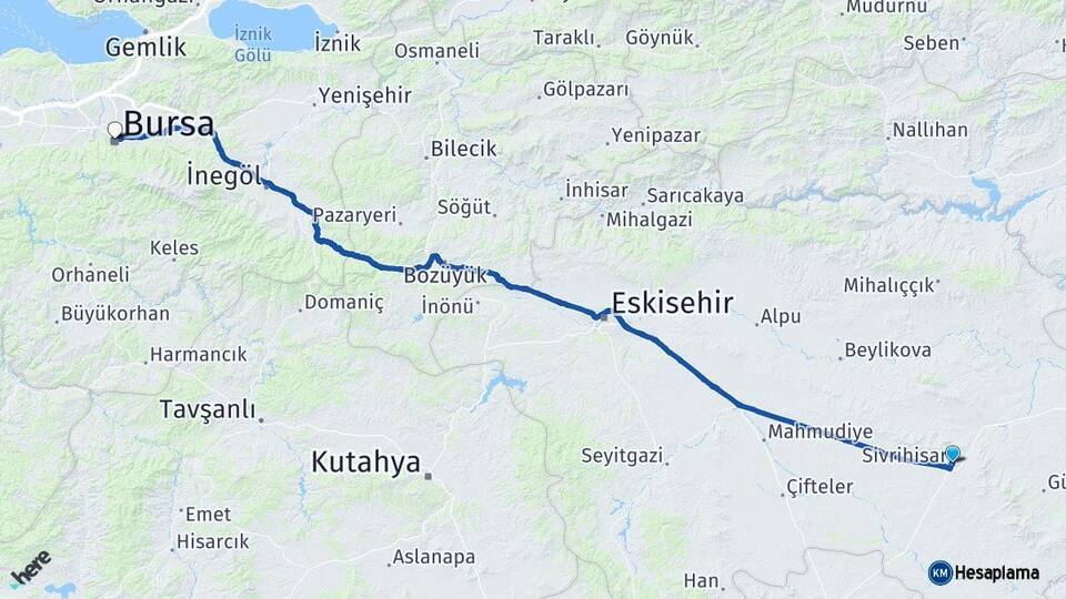 Eskişehir Sivrihisar Bursa Arası Kaç Km - Yol Haritası