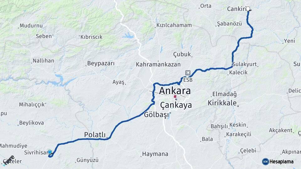 Eskişehir Sivrihisar Çankırı Arası Kaç Km - Yol Haritası