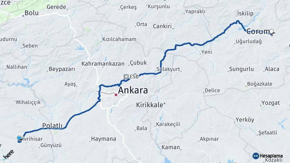 Eskişehir Sivrihisar Çorum Arası Kaç Km - Yol Haritası