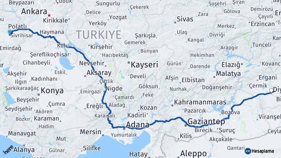 Eskişehir Sivrihisar Diyarbakır Arası Kaç Km - Yol Haritası