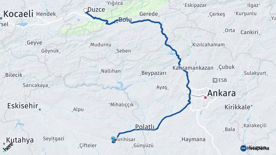 Eskişehir Sivrihisar Düzce Arası Kaç Km - Yol Haritası
