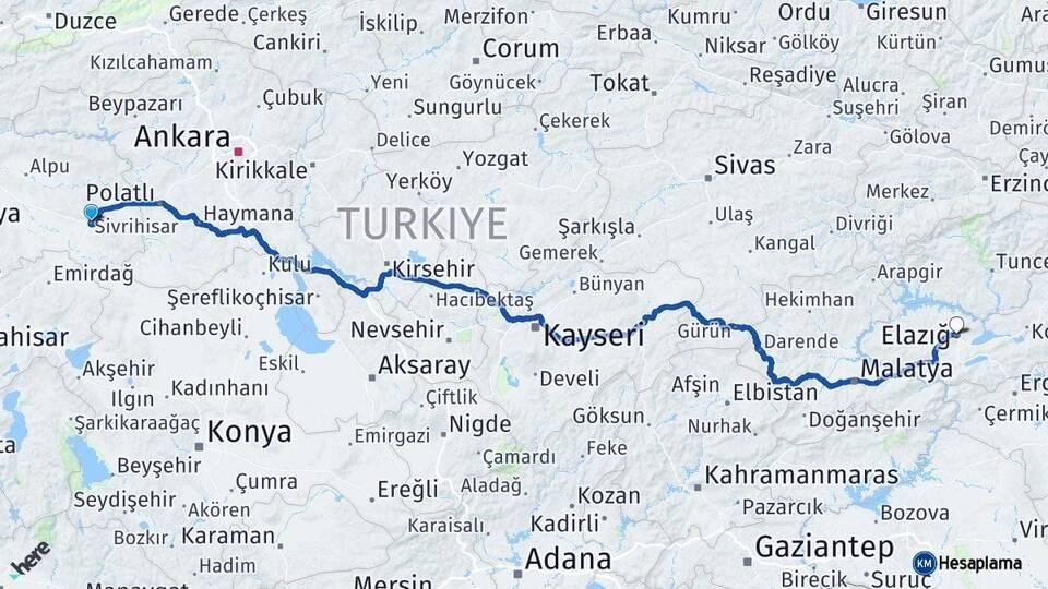 Eskişehir Sivrihisar Elazığ Arası Kaç Km - Yol Haritası