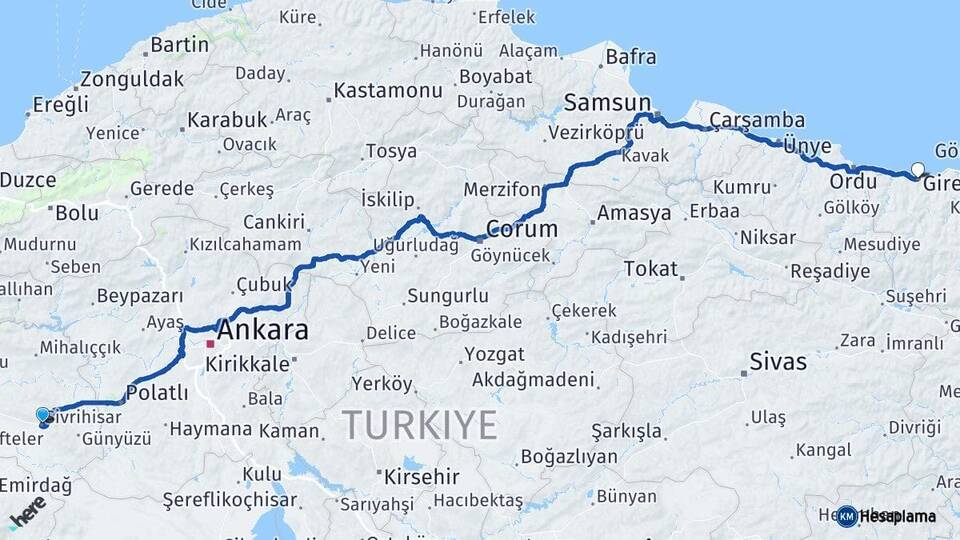 Eskişehir Sivrihisar Giresun Arası Kaç Km - Yol Haritası