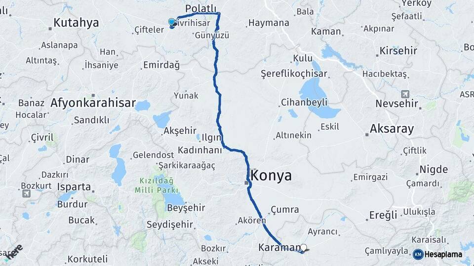 Eskişehir Sivrihisar Karaman Arası Kaç Km - Yol Haritası
