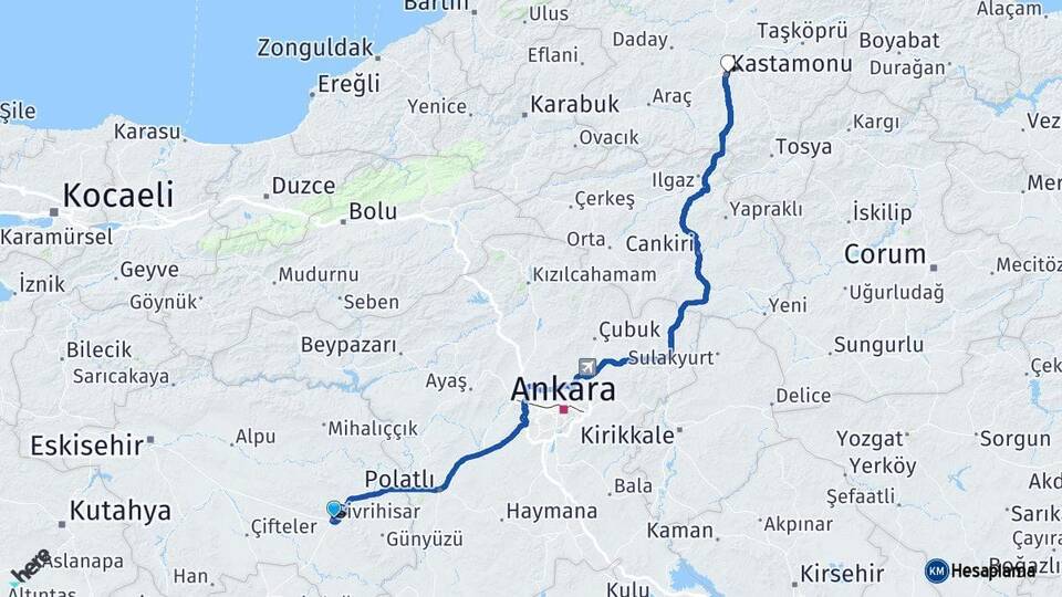 Eskişehir Sivrihisar Kastamonu Arası Kaç Km - Yol Haritası