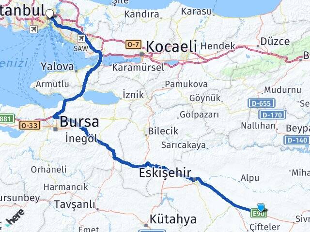 Eskişehir Sivrihisar Kaymaz İstanbul Arası Kaç Km - Yol Haritası