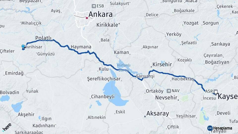Eskişehir Sivrihisar Kayseri Arası Kaç Km - Yol Haritası
