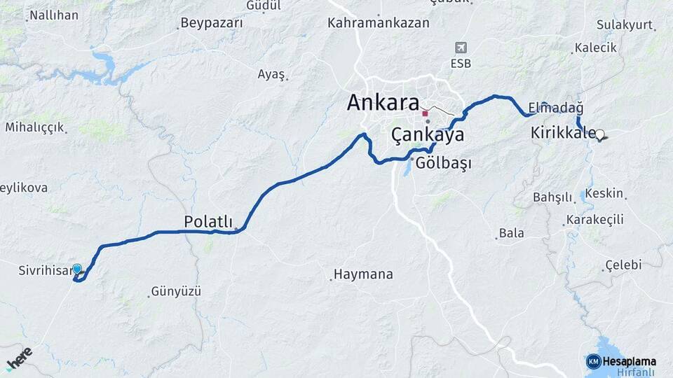 Eskişehir Sivrihisar Kırıkkale Arası Kaç Km - Yol Haritası